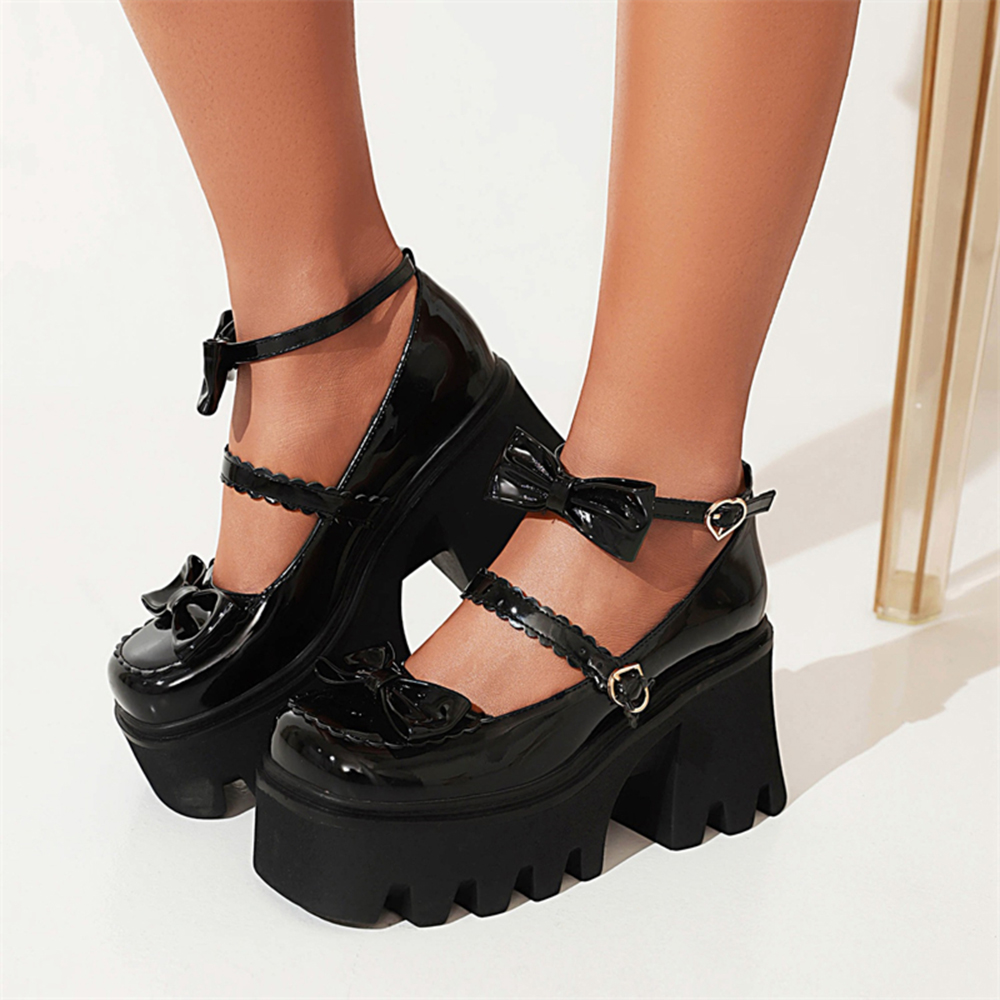 Black Patent Leather Square Toe Bow Decor Platform Mary Jane Heels Nicepairs