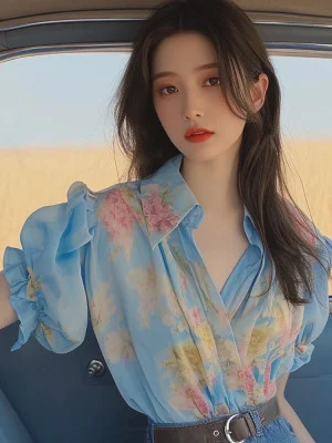 Athvotar Athvotar Spring And Summer New Small Shirt French Single Special Top Design Small Smell Blue Printed Shirt