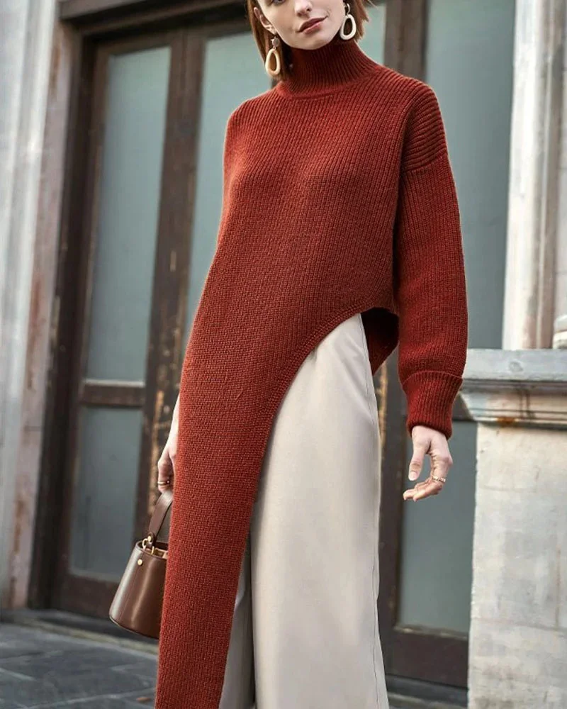 Asymmetrical Knit Turtleneck Sweaterdress