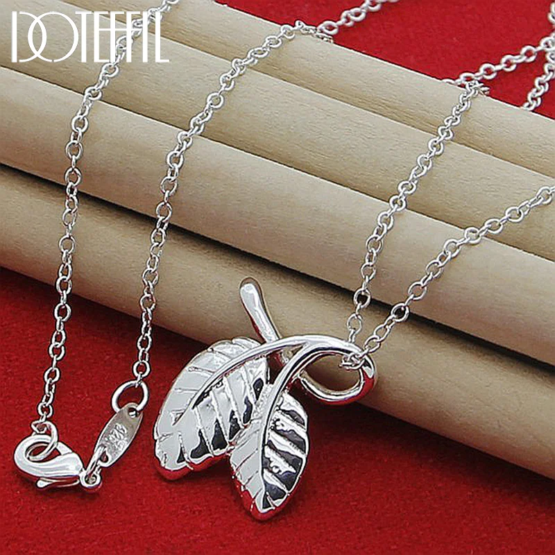 DOTEFFIL 925 Sterling Silver Leaves Pendant Necklace 16/18/20/22/24/26/30 Inch Chain For Woman Man Jewelry