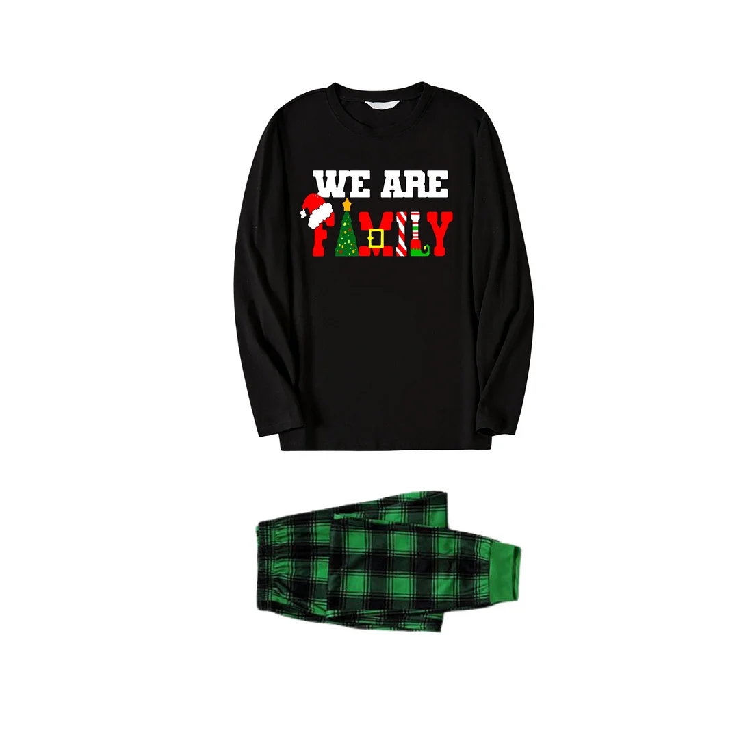 Christmas "We are Family" Text Print Black Long Sleeve Top with Green and Black Plaid Family Matching Pajamas