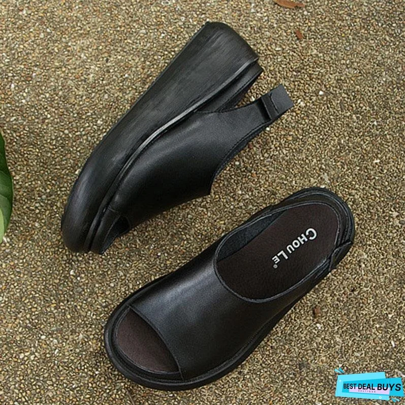 Summer Casual Cow Leather Shoes Black Wedge Heel Sandals