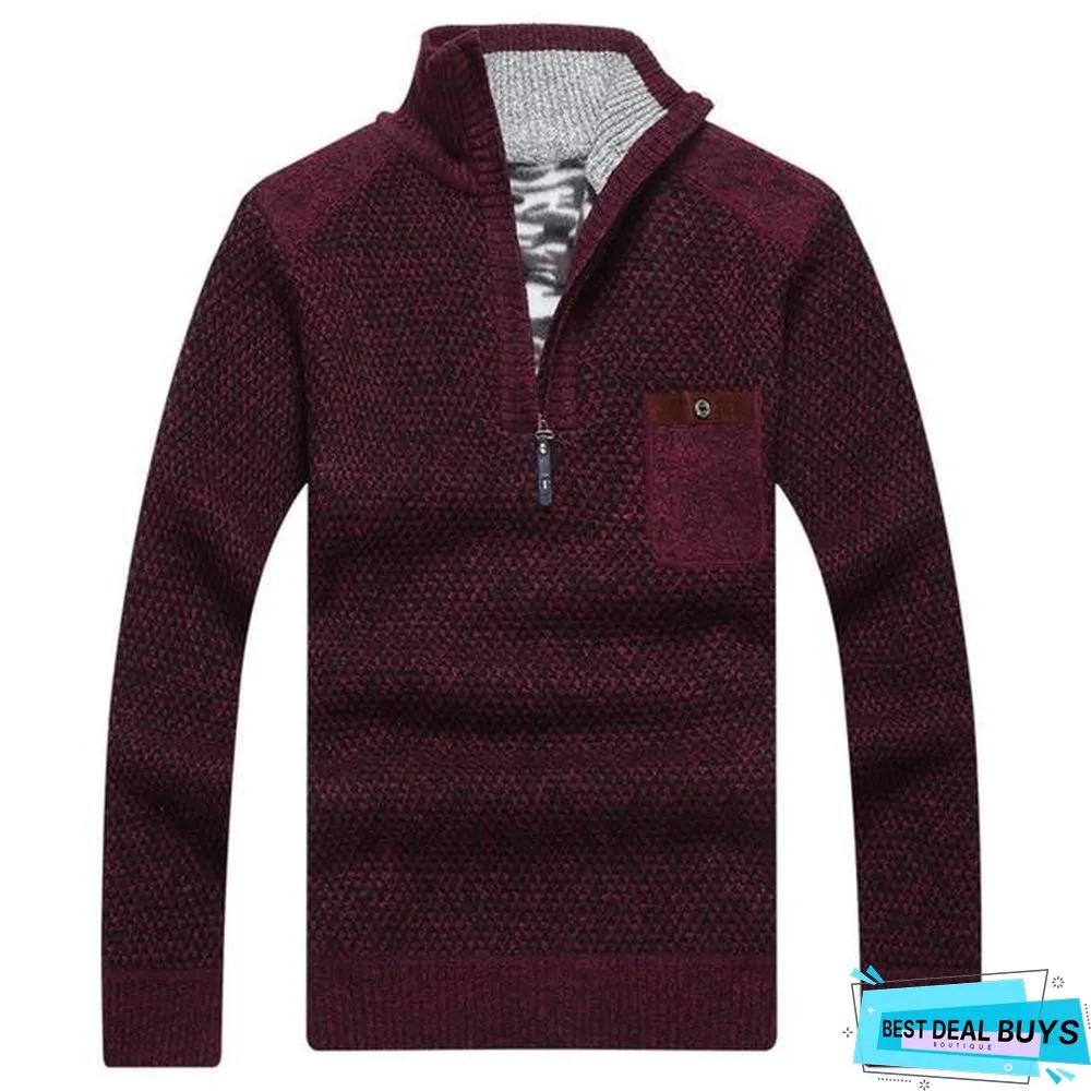Men Warm Thick Velvet Winter Pullovers Zipper Mandarin Collar Man Casual Clothes Big Size Sweaters Top