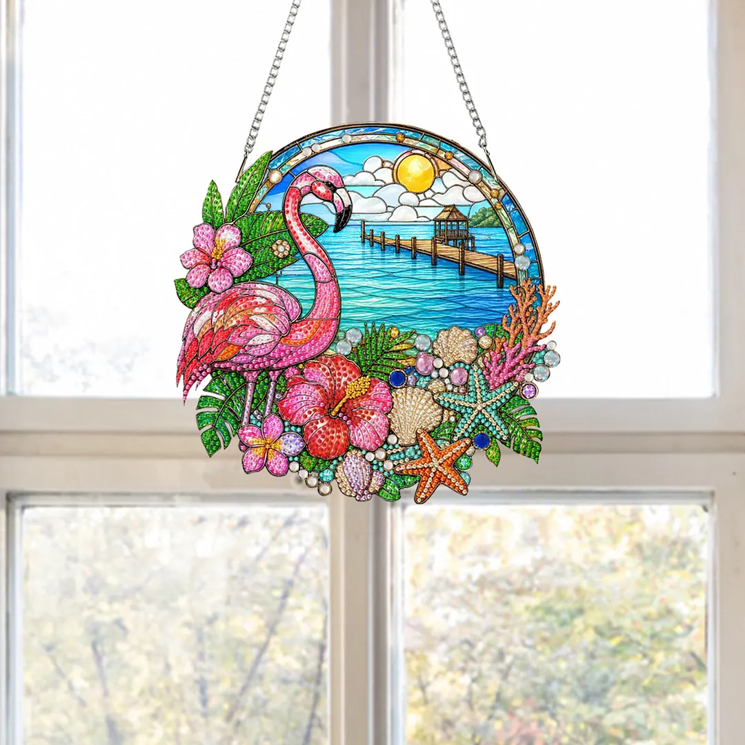 Flamingo Beach Scene 2D Flat DIY PET Diamond Painting Pendant Special Shape Hanging Gem Art Paintings Charm Single Side Drill for Adults Home Wall Window Decor