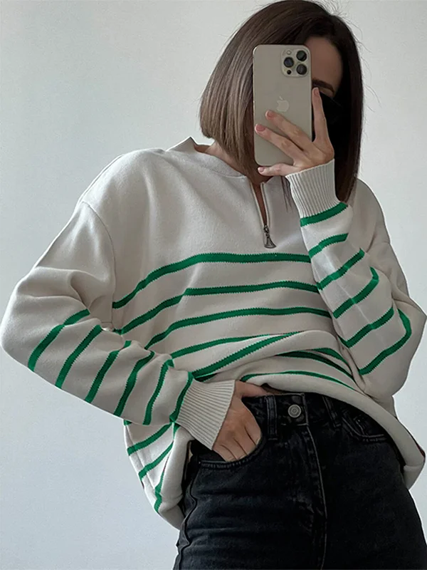 Urban Long Sleeves Loose Striped Round-Neck Sweater Tops