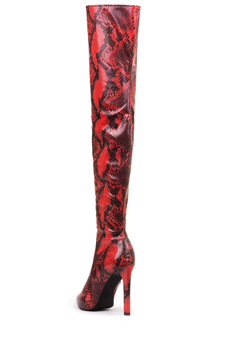 Red Snakeskin Pointy Toe Stiletto Thigh High Boots|FSJshoes