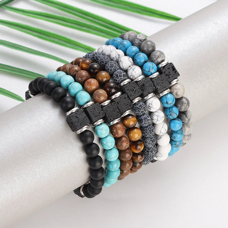 New Lava Cube Volcanic Stone Bracelet Men’s Colorful Marble Glass Beads Retro Bracelet