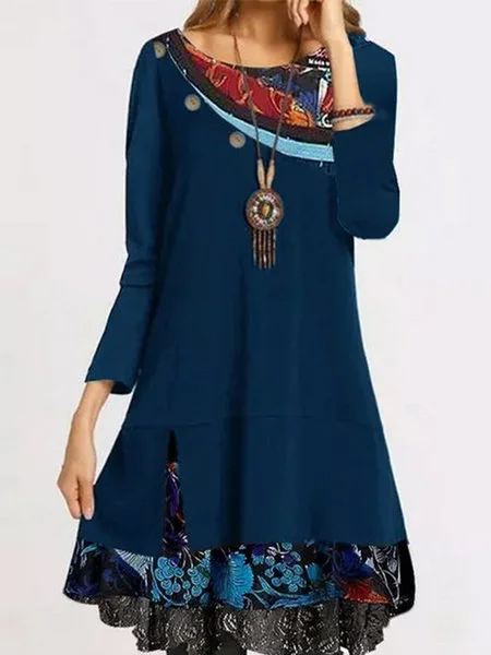 Mongw Mongw Dress Women's Print Loose Long Sleeved Round Collar Dress