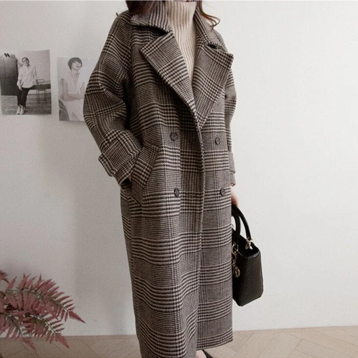 Women Woolen Coat Plaid Loose Long Double Breasted Fashion Female Coats Autumn Winter Outerwear Elegant Jackets Trench Oversize