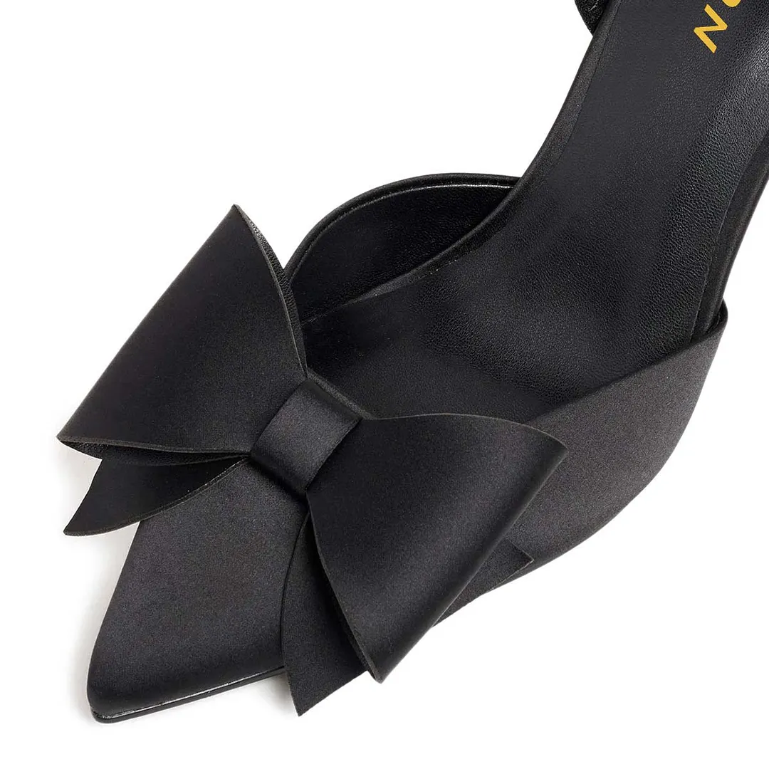 Pointed Toe Bow Flared Heel Slingback Black Pumps for Women