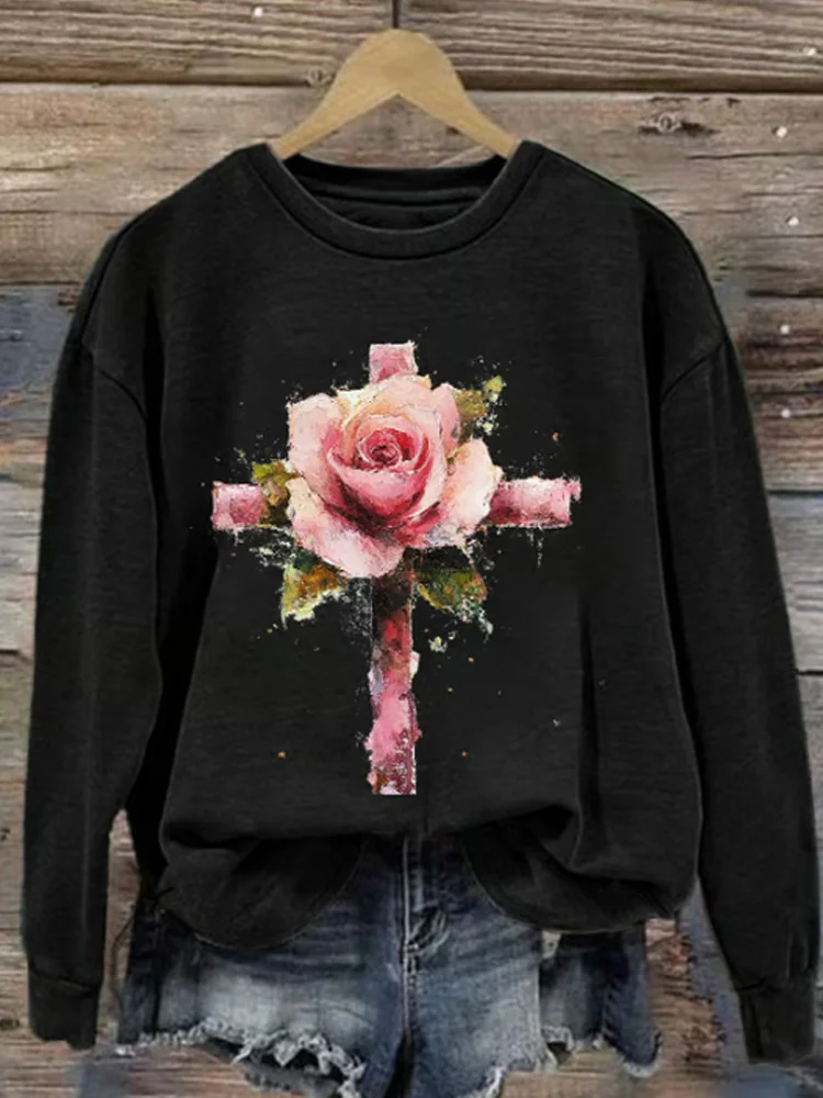 Simpfit Lässiges Sweatshirt mit Rosenkreuz-Print zum Valentinstag für Damen