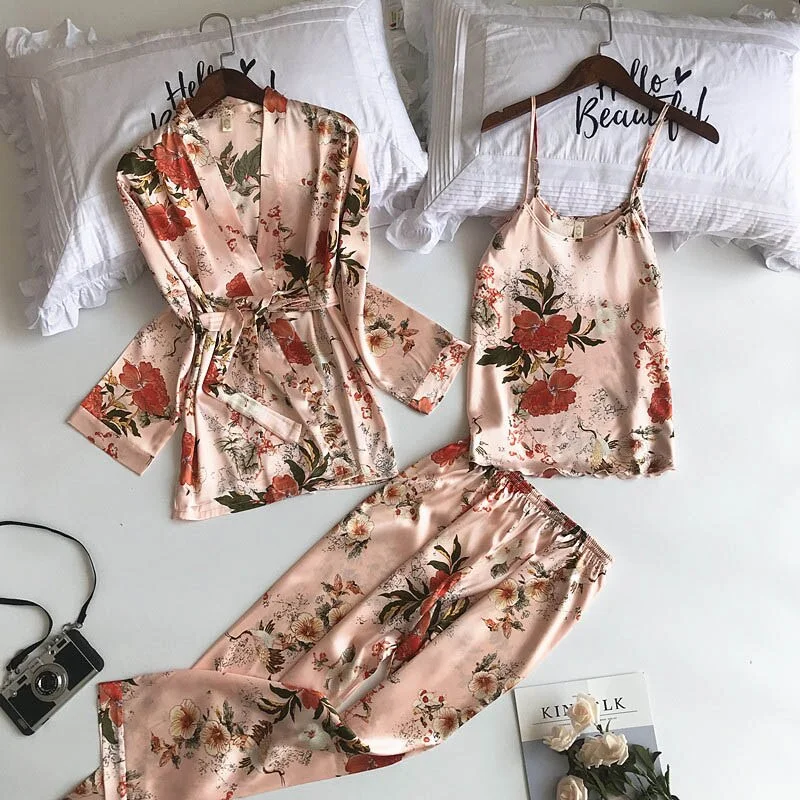 3PCS Women Pajamas Set Lady Emulation Silk Pyjama Sets Flower Sleepwear Female Leopard Satin Homewear With Removable Padded