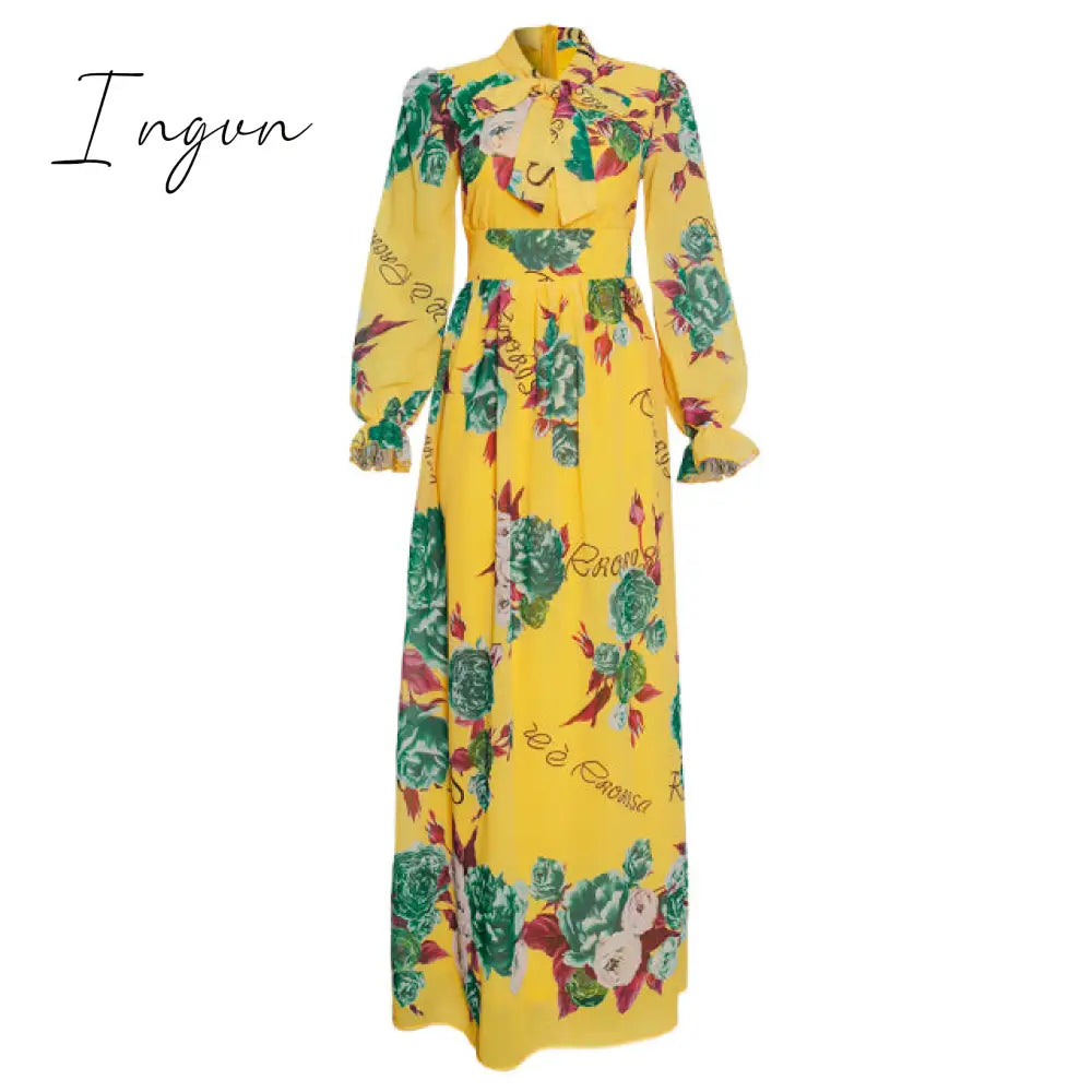 Ingvn - African Chiffon Dresses For Women New Fashion Dashiki Print Ankara Maxi Dress Long Sleeve