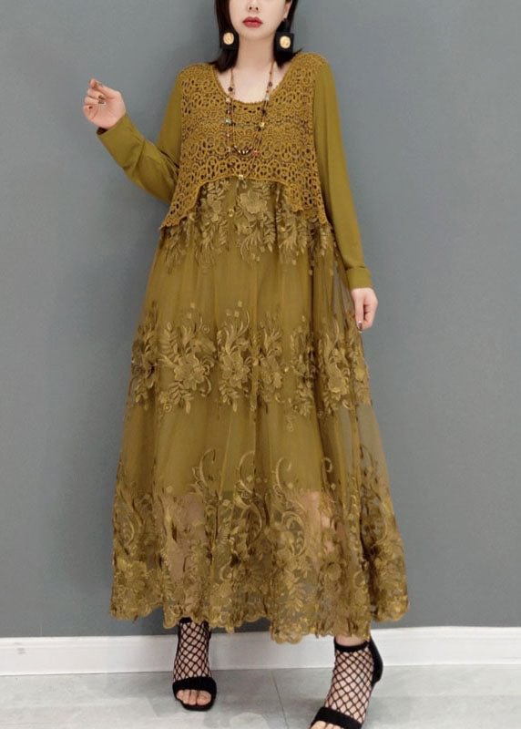 Khaki Patchwork lace Long Dresses O-Neck Embroideried Long Sleeve