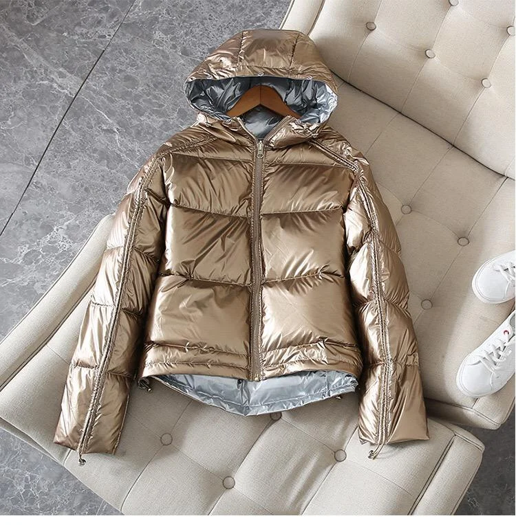 FTLZZ Winter Jacket Women Gold Silver Double Sided Down Coat Hooded White Duck Down Parkas Female Warm Snow Waterproof Outerwear