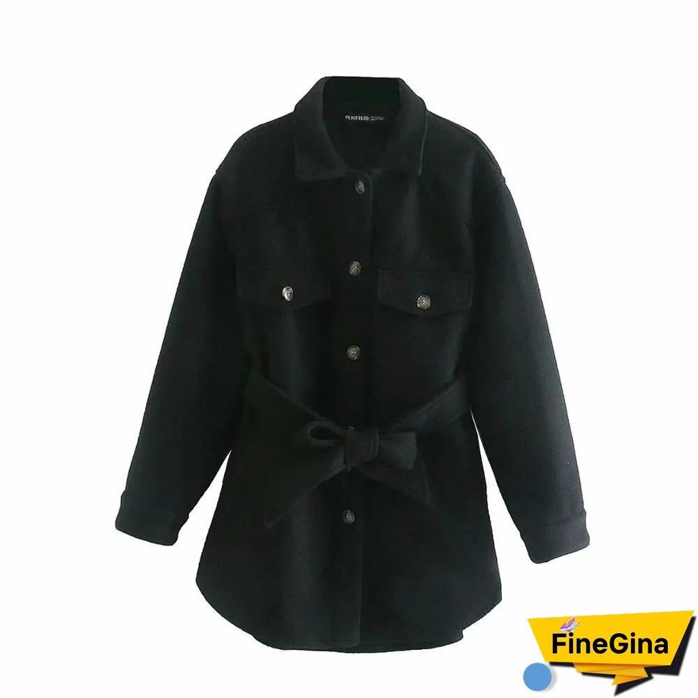 Women Fashion With Belt Loose Woolen Jacket Coat Vintage Long Sleeve Side Pockets Female Outerwear Chic Overcoat