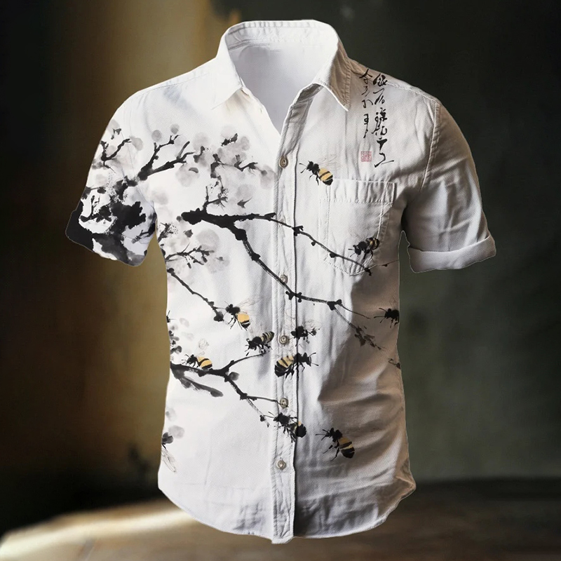 Men's Bees And Flower Ink Painting Print Casual Shirt  artssus