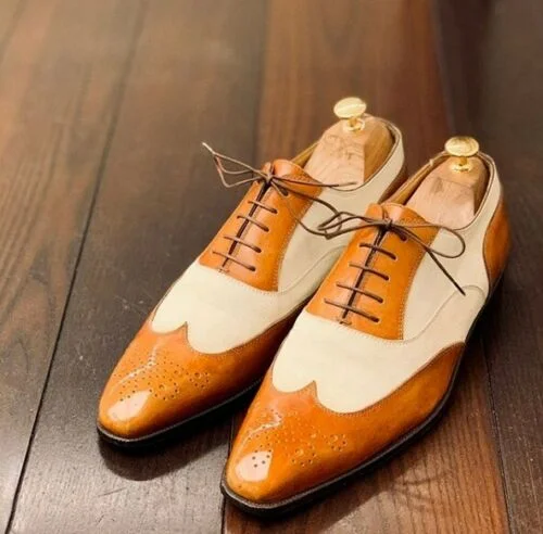Handmade Tan and White Leather Brogue shoes with Lace up closure,