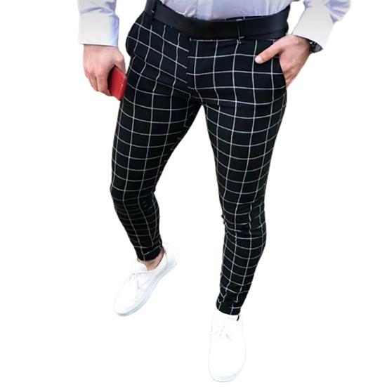 Men Plaid Print Pencil Pants Spring Summer Pockets High Waist Skinny Fit Casual Long Pants Streetwear