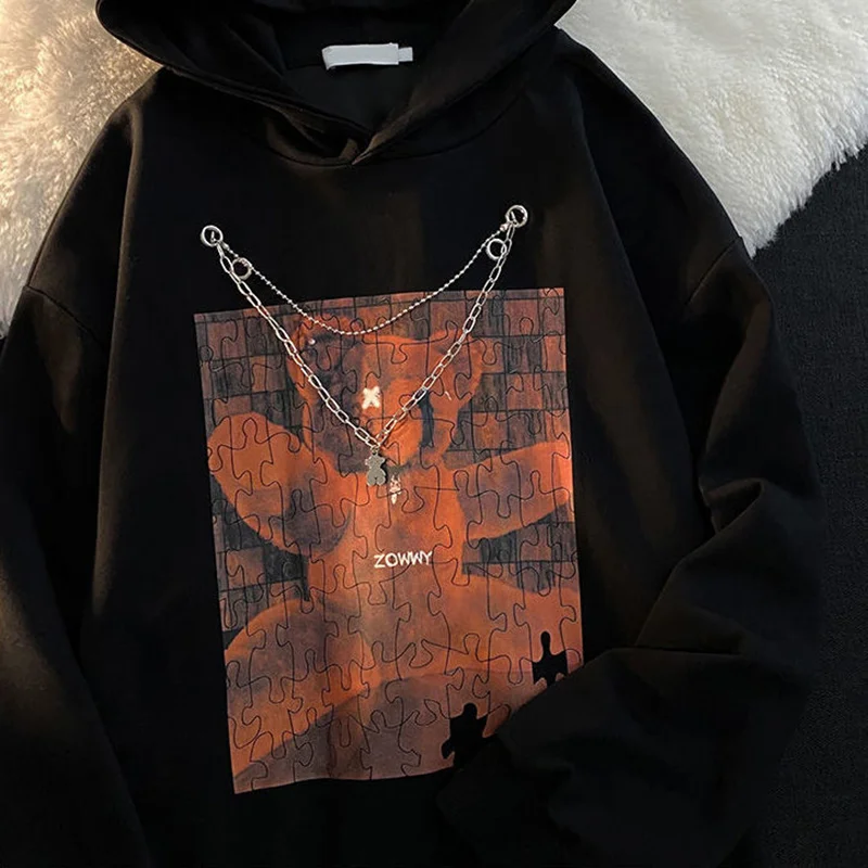 Harajuku High Street Bear Print Chain Couple Sweatshirt Techwear Shop