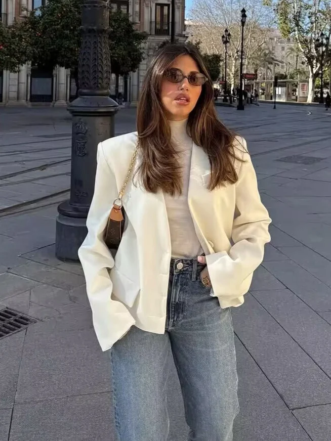 Nigikala Nigikala 2025 Fashion Pocket V-Neck Short Wide Ladies Suit Jacket A125013