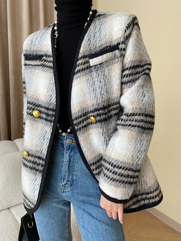 Buttoned Contrast Color Plaid Long Sleeves V-Neck Outerwear Jackets