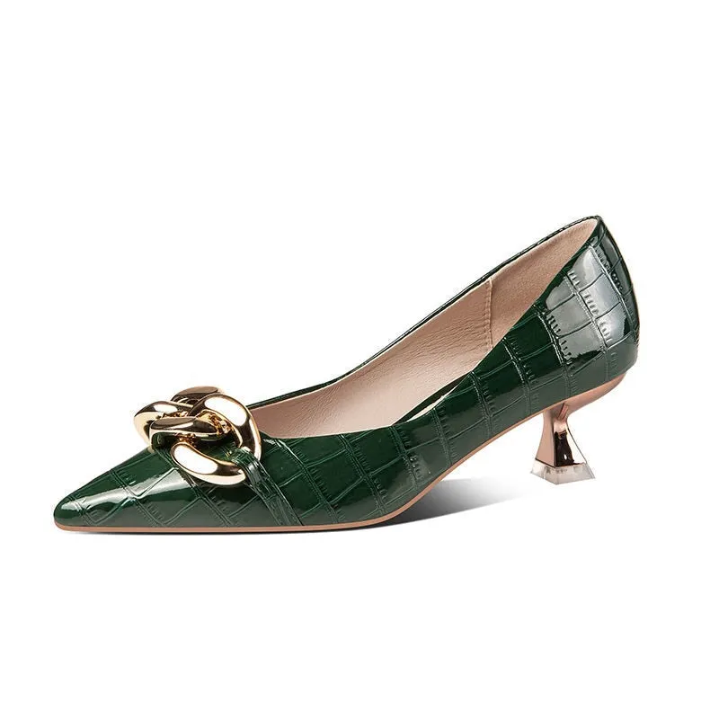 Women Shoes Pumps All-match Low Kitten Heel Pointed Toe Metal Chain Woman Pumps OL Black Soft Leather Work Dress Shoes