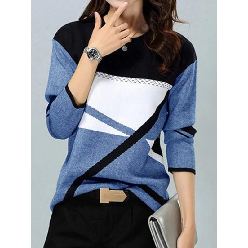 Uveng Loose Color Printed Round Neck Long Sleeve T-shirt