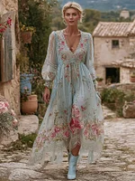 Women's Vintage Bohemian Floral Sequin Embroidery Casual Maxi Dress