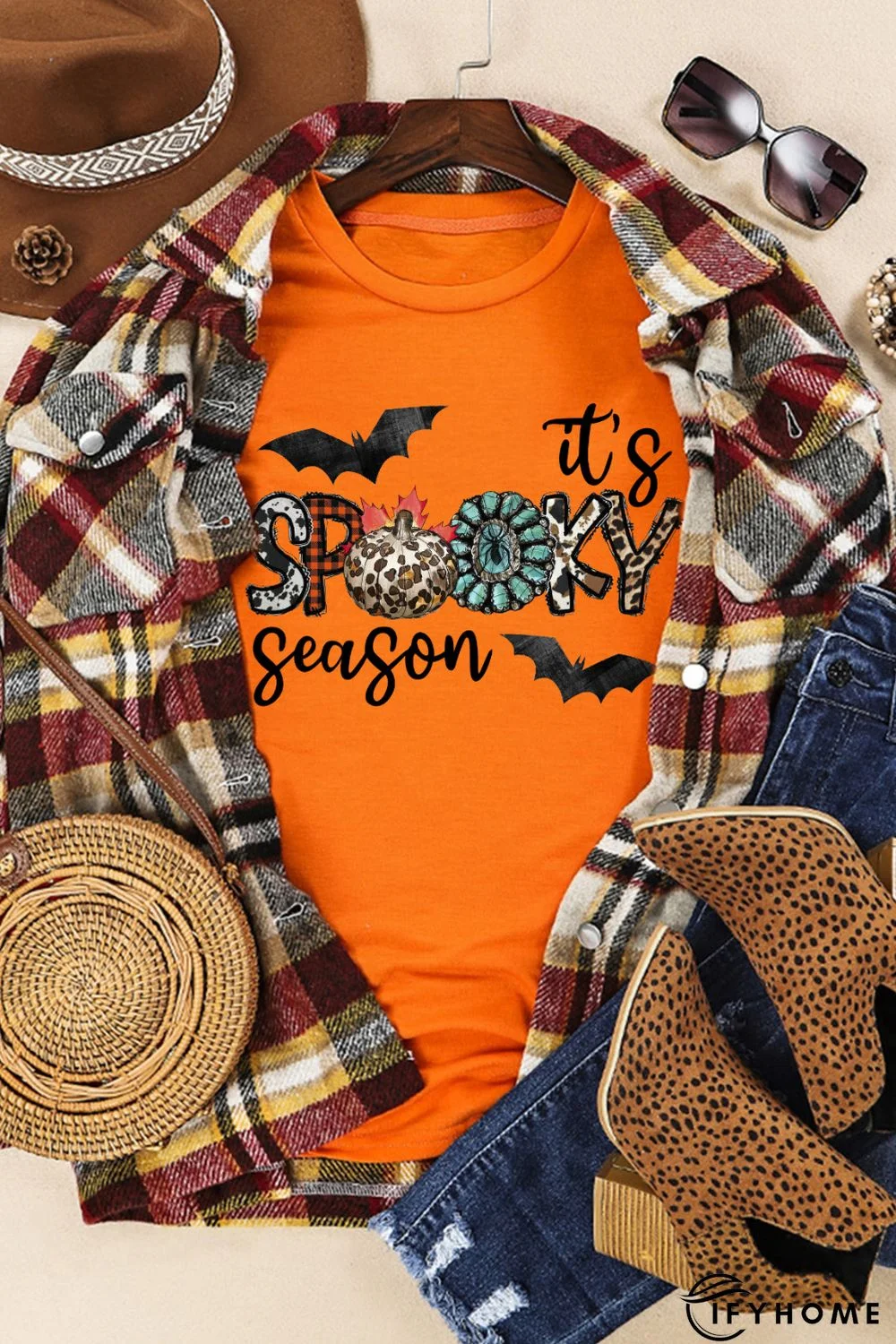 Orange It's Spooky Season Graphic Print Short Sleeve T Shirt | IFYHOME