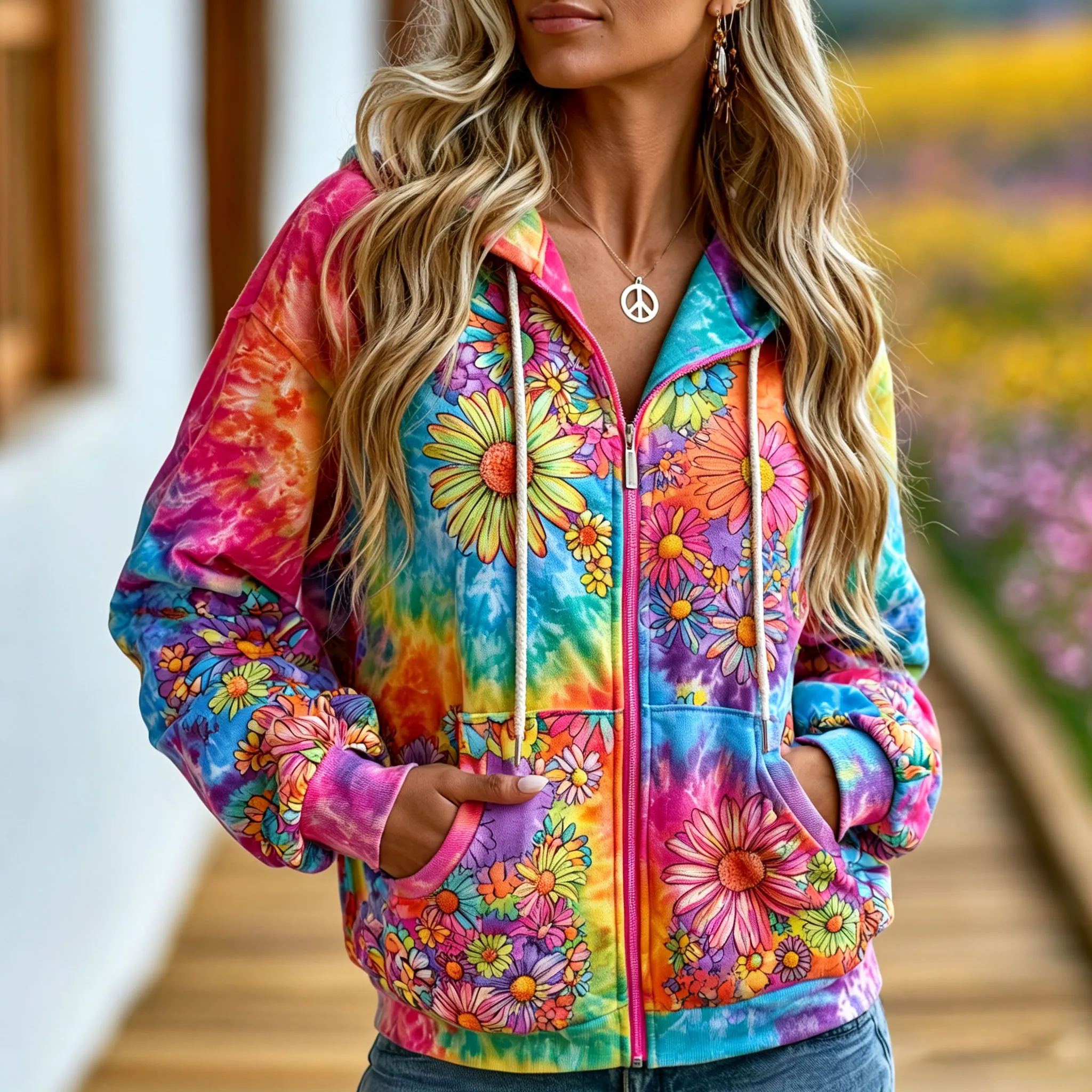 Comstylish Women's Retro Hippie Tie Dye Floral Print Long Sleeve Zip Up Hoodie