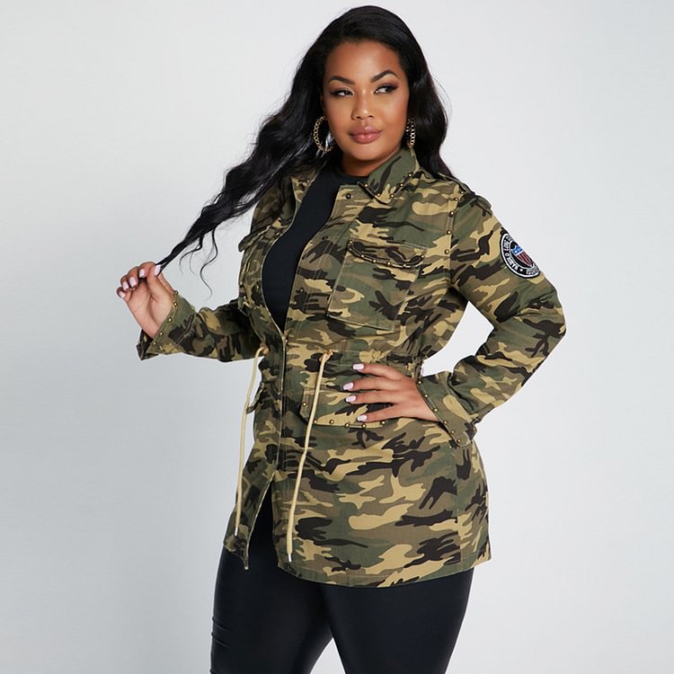 Women's Rivet Patch Multi-pocket Drawstring Cool Camouflage Tooling Casual Baseball Uniform