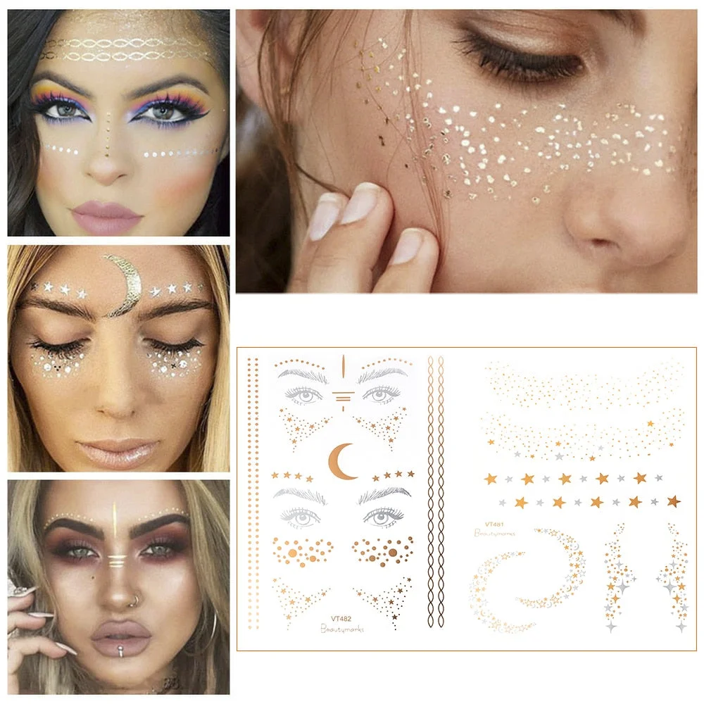 2021 New Gold Face Temporary Tattoo Waterproof Blocked Freckles Makeup Stickers Eye Decal Wholesale