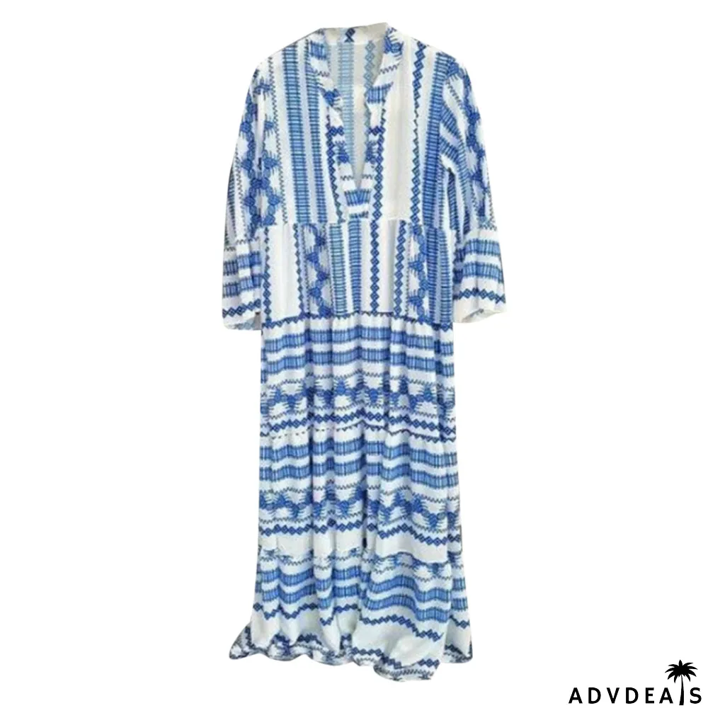 Women's Vintage Boho Print Pleated Deep V Neck Boho Maxi Dress