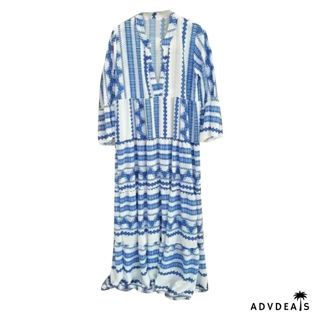 Women's Vintage Boho Print Pleated Deep V Neck Boho Maxi Dress