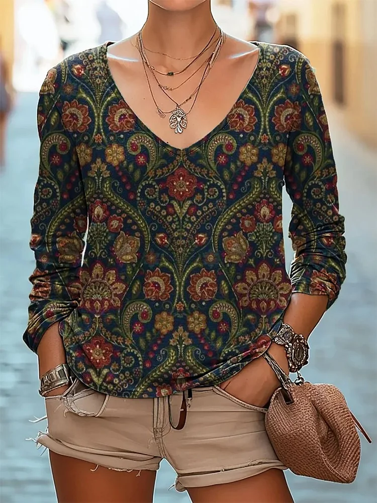 Women's Casual Floral Top V-neck Long-sleeved Regular Pullover T-shirt