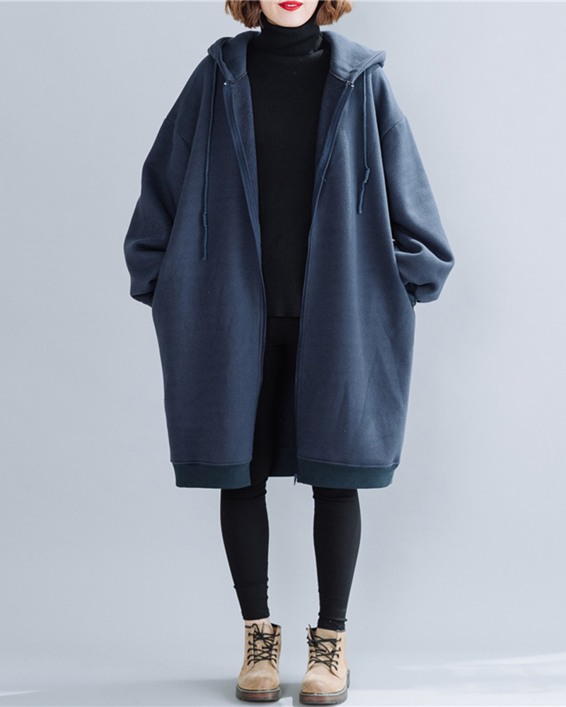 Full Length Zipper Long Sleeve Oversized Drawstring Hooded Coat