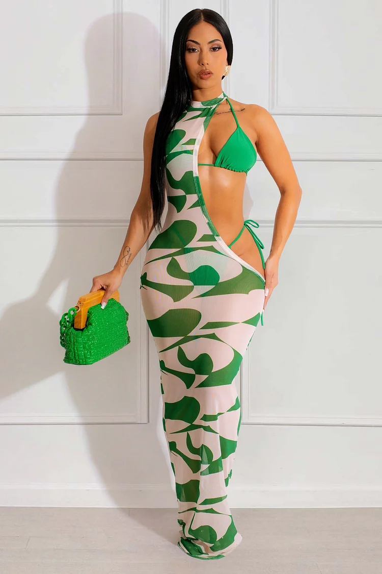 Triangle Top Tie Side Bottom Bikini Print Mesh Maxi Dresses 3pcs Set-Green