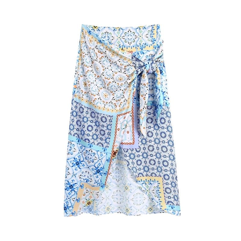 KPYTOMOA Women 2021 Chic Fashion Patchwork Print Asymmetry Wrap Midi Skirt Vintage High Waist With Bow Tied Female Skirts Mujer