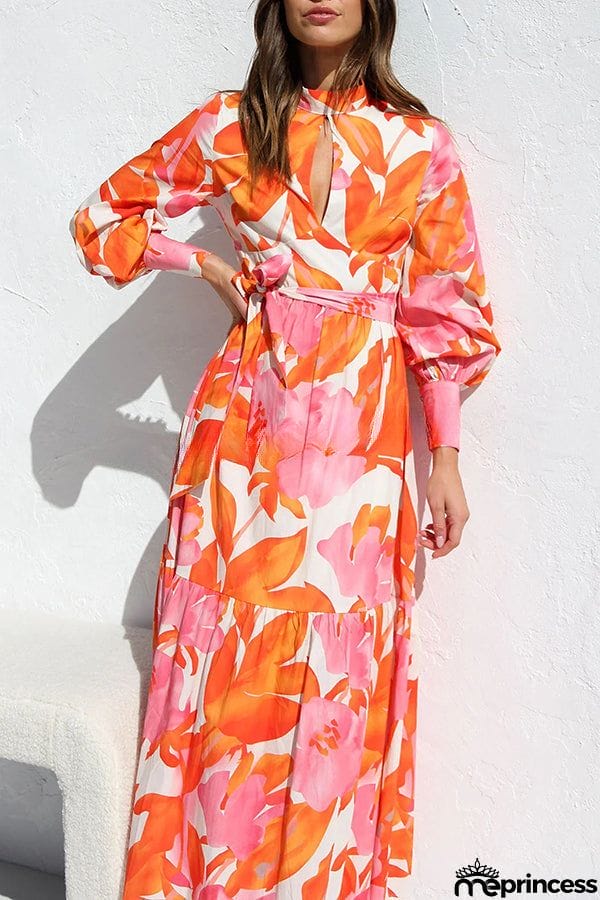 Floral Print Balloon Sleeve Pleated Lace Up Maxi Dress