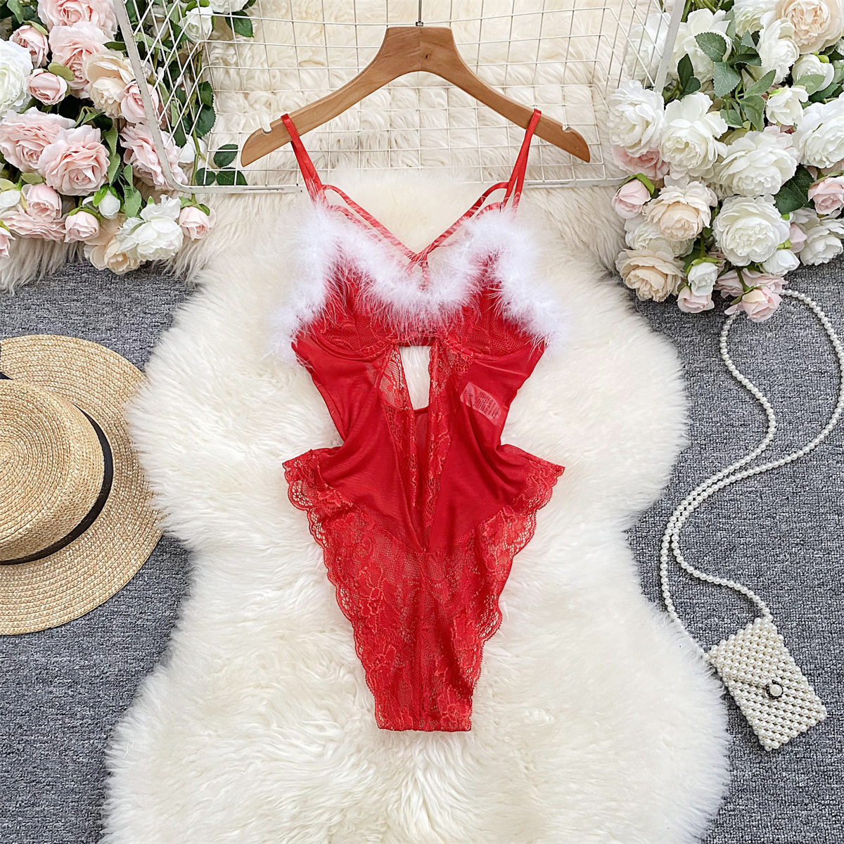 Lovingerie - Sexy Lingerie Plush Jumpsuit Temptation Suit Sexy Lace Mesh with Steel Ring