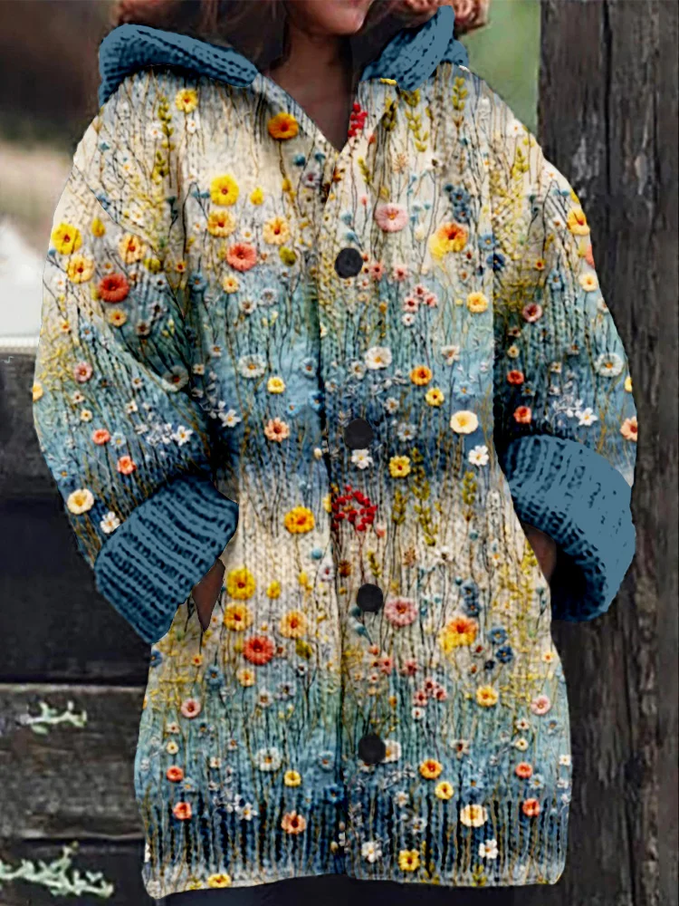 VChics Embroidered Flowers Pattern Cozy Hooded Cardigan