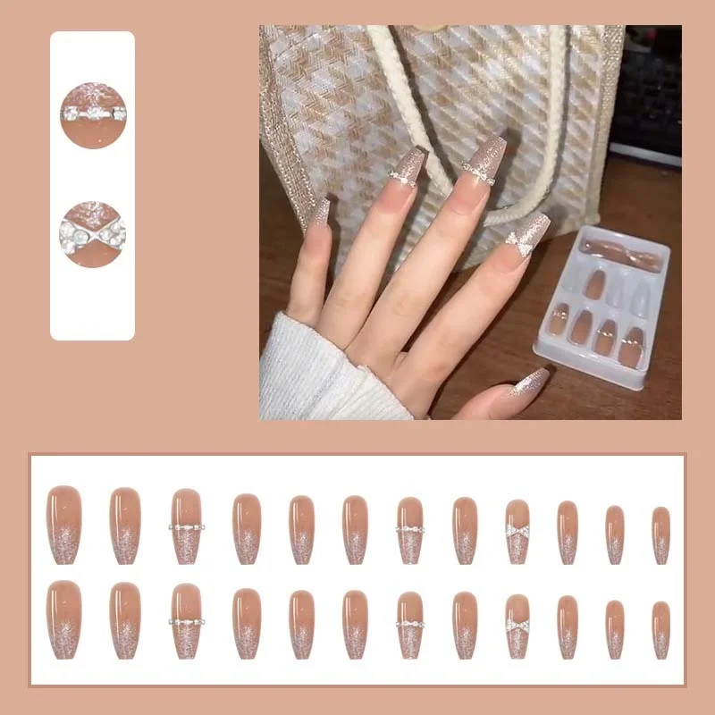 24PCS Gradient Purple False Nails Girls Sweet Style Shiny Bow Long Press on Nails Wearable Finished Nail Piece with Glue TY-Nail Inspo