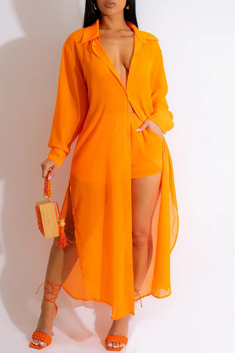 Plus Size Orange Daily Long Sleeve Two Piece Short Sets 