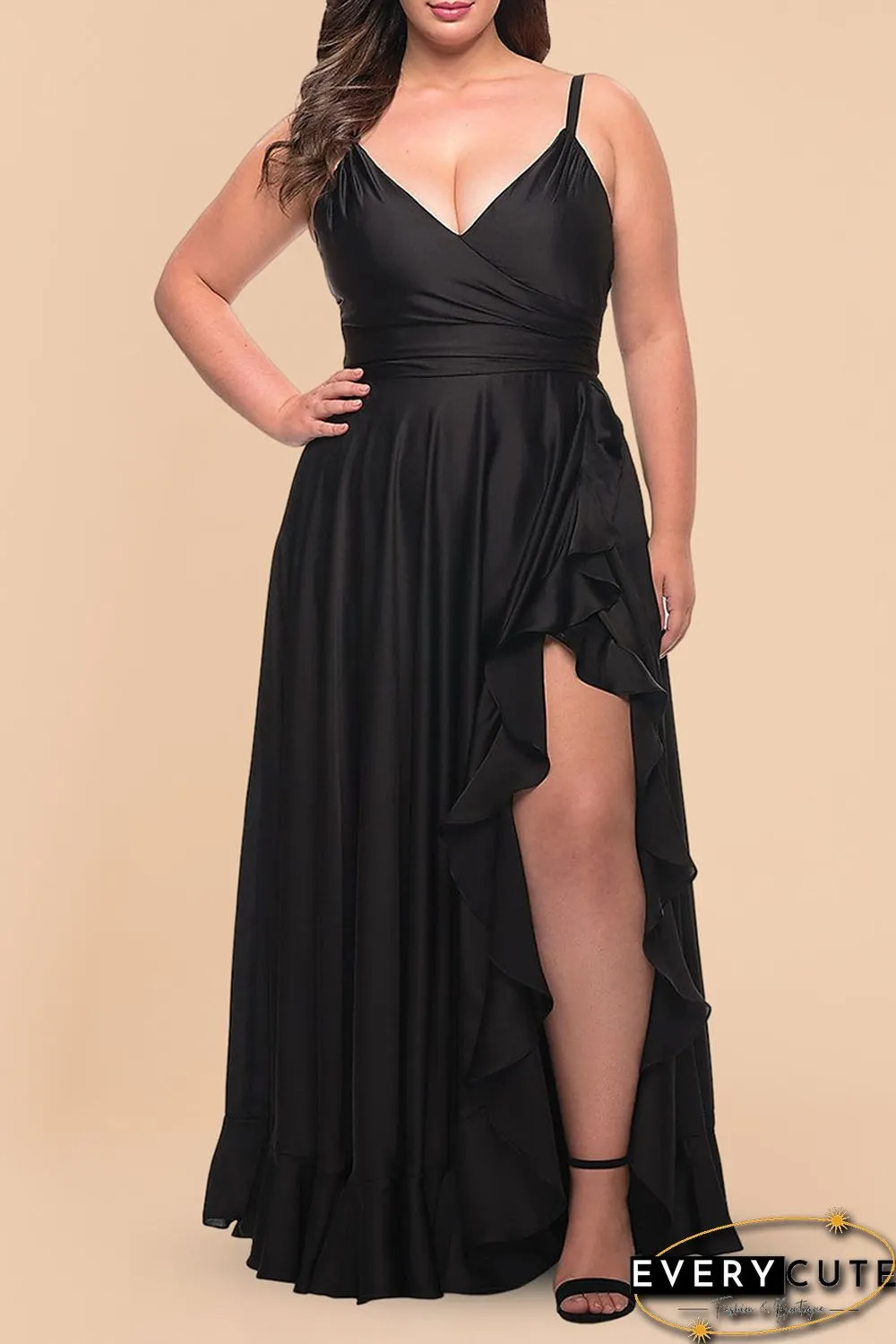 Black Ruffled Thigh High Slit Sleeveless Plus Size Evening Dress