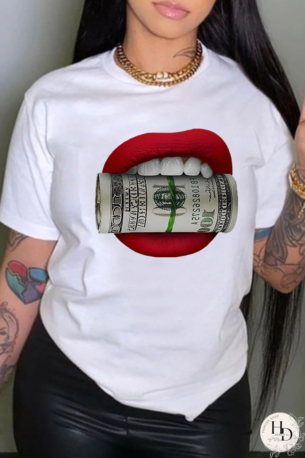 Red Fashion Casual Lips Printed Basic O Neck T-Shirts