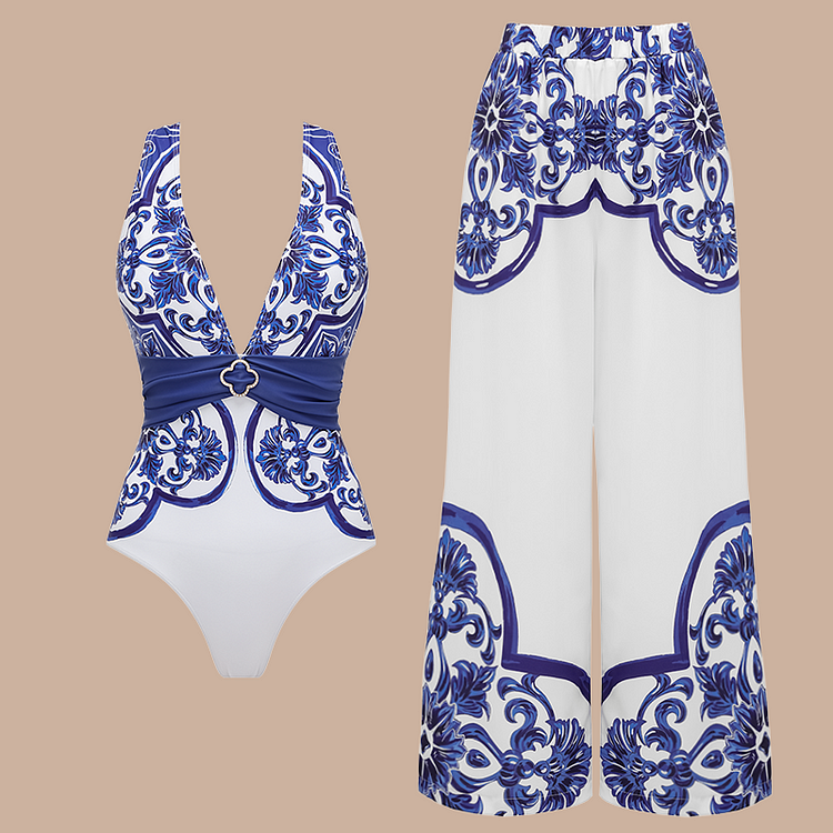 V Neck Classic Majolica Series Pattern Print One Piece Swimsuit and Pants or Shorts