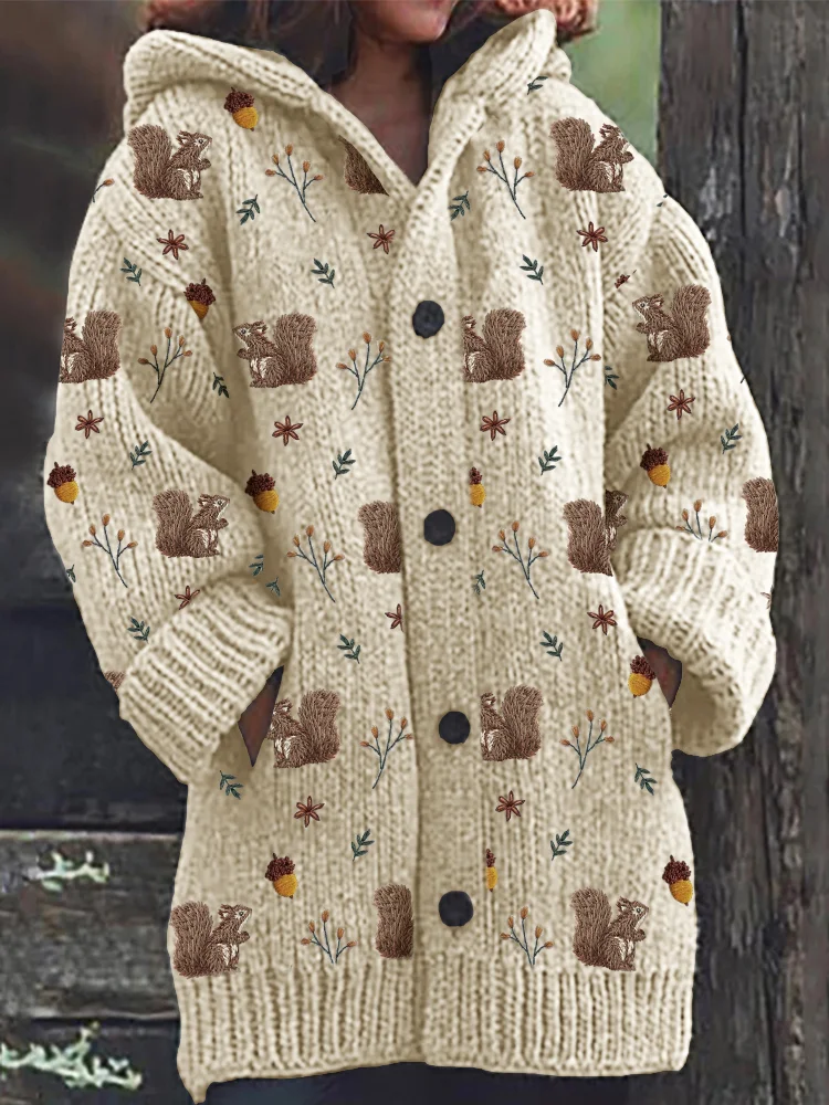 VChics Forest Squirrels Floral Embroidery Pattern Cozy Hooded Cardigan