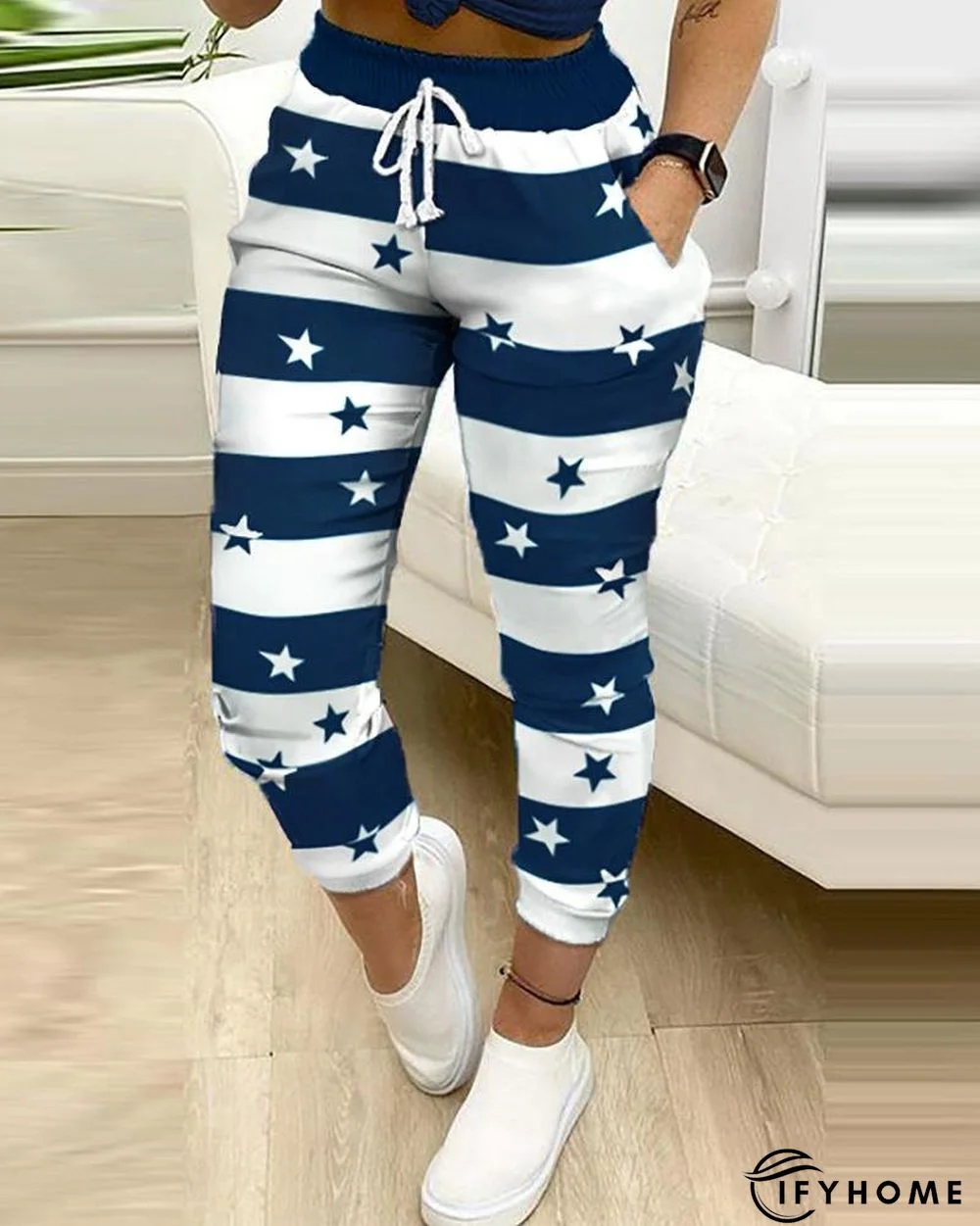 Blue Stripes Stars Printed Drawstring Pockets Sports Sports Pants | IFYHOME