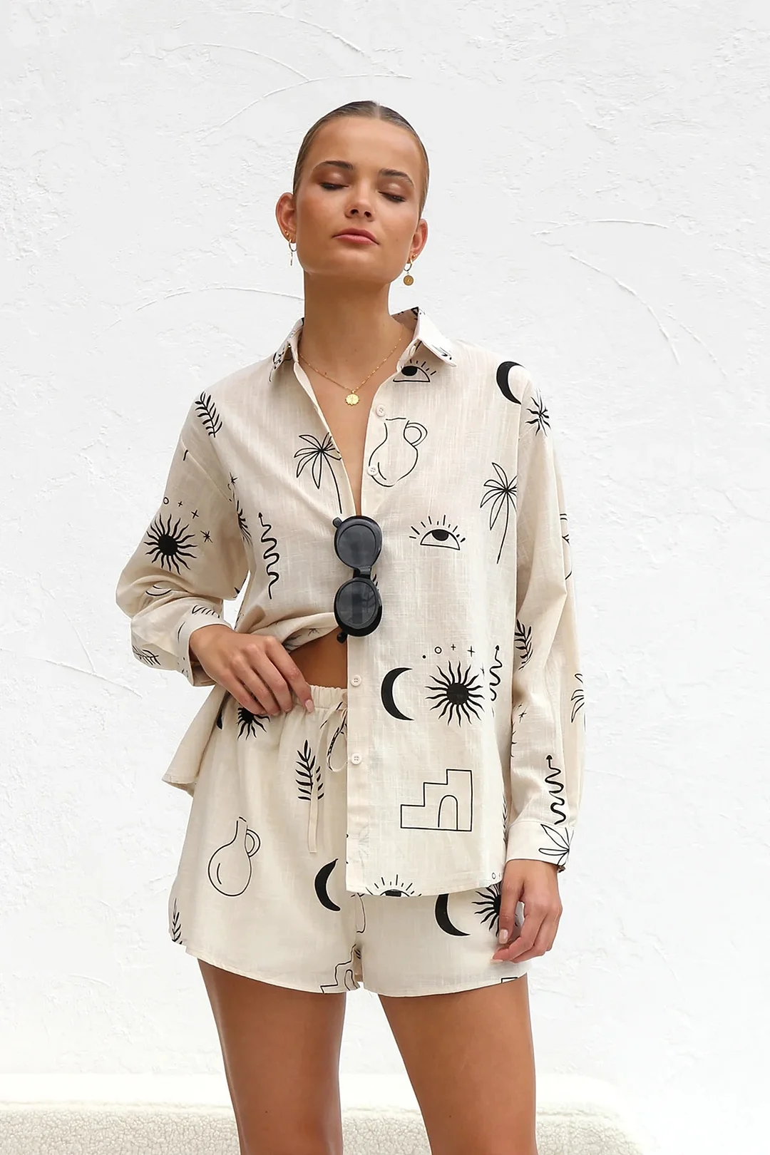 Brownm Brownm Summer Comfortable Casual Shirt Suit Short-Sleeved Cardigan Home Two-Piece Set-23064